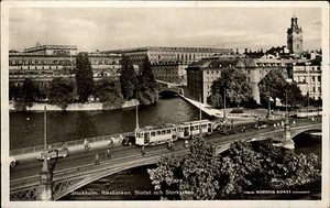 Stoccolma Svezia Sverige cartolina ~ 1950/60 Riksbanken Kyrkan tram tram ponte - Foto 1 di 2