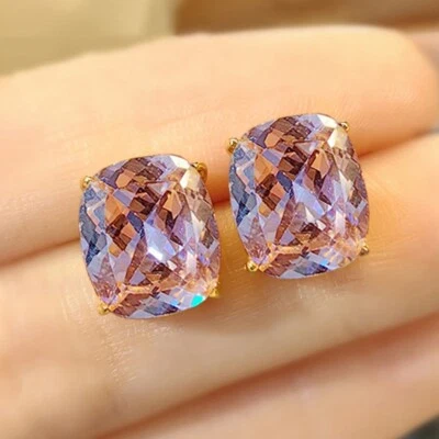 New 12mm Nest Cut High Carbon Pink Topaz Gems Charm Women Girl Gold Stud Earring - Image 1 of 4