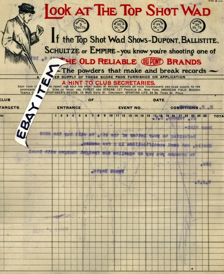 1913 Old Reliable DU PONT Brands TOP SHOT WAD shotgun shells BALLISTITE SCHULTZE - Image 1 of 1