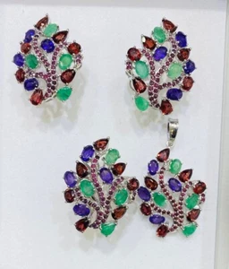 Solid Silver 925 Shaped Flower Set Pendant Ring  & Earring With Natural Mixed - Picture 1 of 9