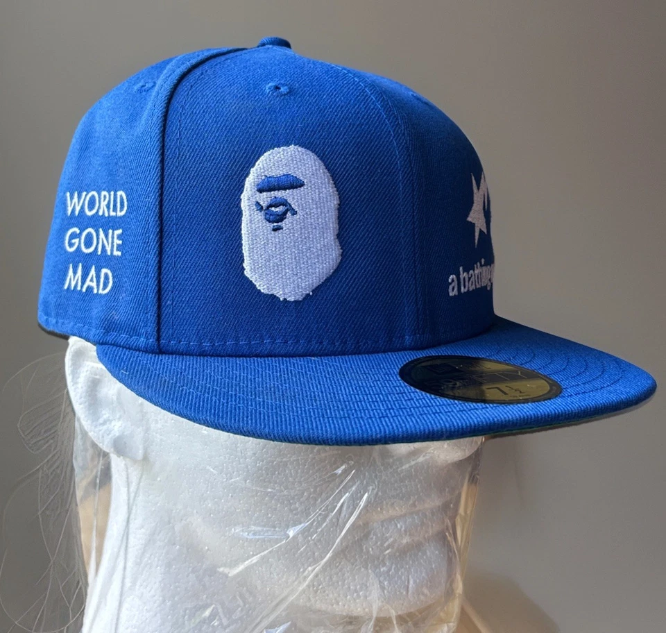 Bape 9fifty New Era 7 1/2 The Ape Head World Gone Mad Blue Hat White Embroidered - Image 1 of 4