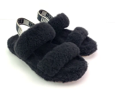 UGG Oh Yeah Girls Size 1Y Black Slip On Fluffy Soft Slipper Sandals 1115752K - Image 1 of 4