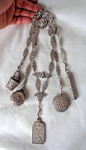 FINE VICTORIAN WHITE METAL COMPLETE FIVE ARM CHATELAINE MEDIEVAL STYLE KNIGHTS - Picture 1 of 18