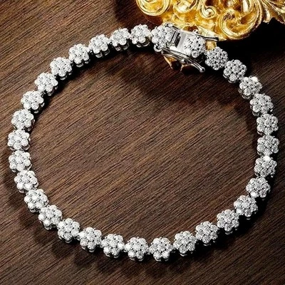 Full Real Moissanite Flower Tennis Chain Bracelet for Women 925 Sterling Silver - Image 1 of 4