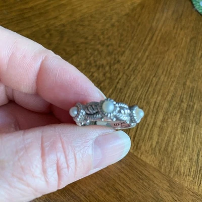 Judith Ripka Sterling Silver 3 Pearl Station Ring Cable Rope Band Size 8 - Image 1 of 4