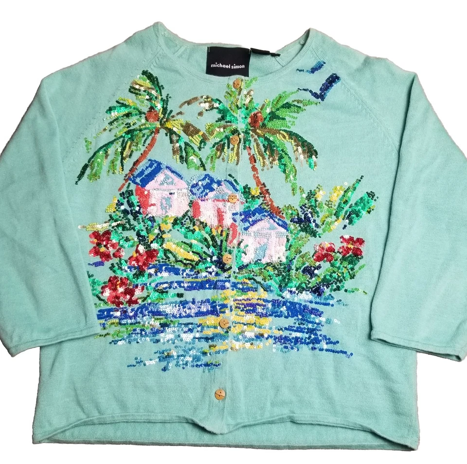 Cárdigan Suéter Vintage Michael Simon Palm Tree Beach Cuentas Lentejuelas 2002 Talla M Foto 1 de 4
