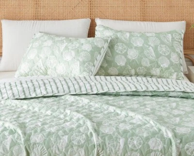 Edredón reversible para todas las estaciones de verano costero completo/queen verde concha marina 3 piezas Se Foto 1 de 4