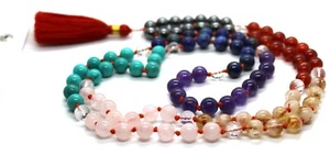 GENUINE RARE CHAKRA GEM STONE JAPA MALA 108 MEDITATION ROSARY PRAYER YOGA BEADS - Picture 1 of 6