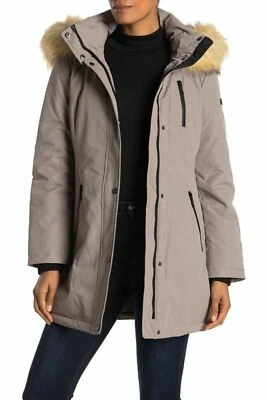 Parka para mujer Tahari gris Whitney a prueba de viento con ribete de piel sintética XS  Foto 1 de 4
