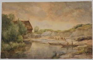 Aquarel J.M. Bach, landschap met werklieden, gesigneerd, 22 x 35 cm - Picture 1 of 4