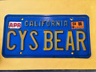 Vintage California Blue & Yellow License Plate-Personalized "CYS BEAR" with Tags