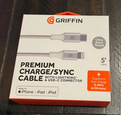 Griffin 5FT Premium Fast Charge/Sync Braided Cable for iPhone & iPad - Silver - Image 1 of 4