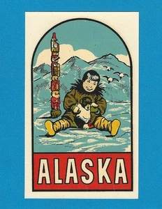 VINTAGE ORIGINAL 1946 GOLDFARB "ALASKA" NATIVE AMERICAN ESKIMO TRAVEL DECAL ART - Picture 1 of 2
