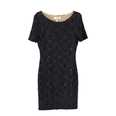 Belle Badgley Mischka Navy Blue nude Sequin Sheath Pencil short sleeve Dress 12 - Image 1 of 4
