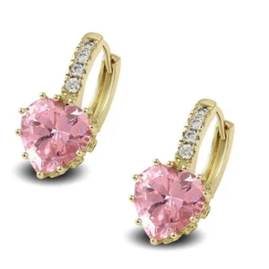 18ct Gold Filled Womens Hoop Earrings Pink Heart CZ Crystals - Picture 1 of 1