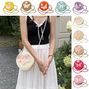 Round Shape Kids Straw Bag Butterfly Flower Shoulder Bag for Children Girls - Picture 1 of 17