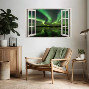3D Fake Window Scenery Green Northern Lights Sky Wall Art Vinyl Sticker Decal - Picture 1 of 5