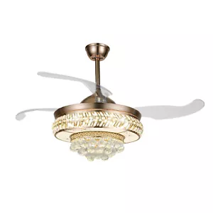 LED Crystal Chandelier Invisible Ceiling Fan Light 3-Color Lamp with Remote - Picture 1 of 24