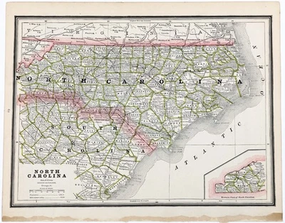 1886  NORTH CAROLINA - SOUTH CAROLINA  Map ORIGINAL (12x9)  RAILROADS - Image 1 of 3