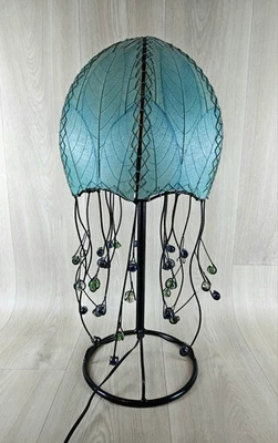 Jellyfish Table Lamp Sea Blue Cocoa Leaves & Marbles Ocean Nautical Fish Unique - Image 1 of 4