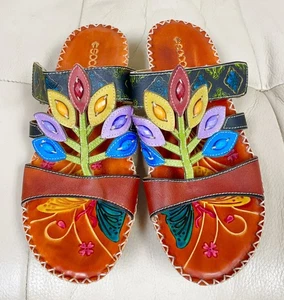 Socofy Colorful Sandals Women’s EU 42 US 10 Leather Leaf Cutout Style Slip On - Picture 1 of 20