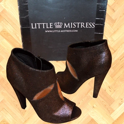 £95 LITTLE MISTRESS SZE UK 4 BLACK GLITTER HEEL PEEP TOE ZIP ON SHOES PARTY CLUB - Image 1 of 4