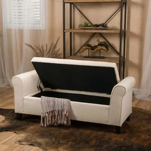 Haden Contemporary Fabric Upholstered Storage Ottoman Bench W/ Rolled Arms Beige - Picture 1 of 8