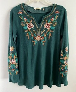 Soft Surroundings Thermo Top Shirt Blumenstickerei Perlen grün Gr. XS - Bild 1 von 5