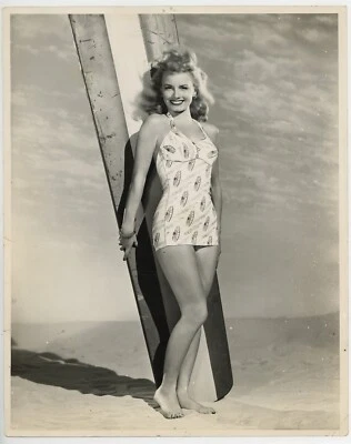 Janet Blair 1940 Oversize Swimsuit Photo 11x14 Surfer Girl Surfboard Portrait  - Image 1 of 2