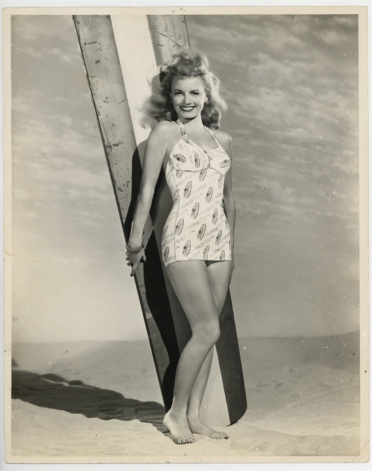 Janet Blair 1940 Oversize Swimsuit Photo 11x14 Surfer Girl Surfboard Portrait  - Image 1 of 2