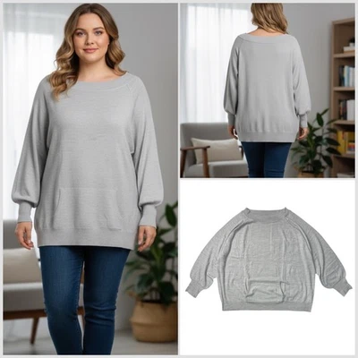 EX YOURS CLOTHING Women's Grey Plus Size Wide Neck Jumper Front Pocket 14 to 28 - Image 1 of 4