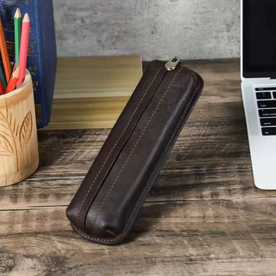 Retro Genuine Leather Pencil Pouch Bag Stationery Pen Holder Zipper Storage Case - Image 1 of 4