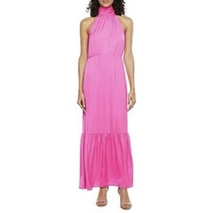 NWT $74 Worthington Hyper Pink Maxi Dress Halter Neck Silky Satin Ruffle Size PL - Picture 1 of 7