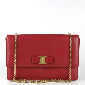 Ferragamo 21 D855 Red Leather GINNY Gold Rose Embellished Chain Crossbody Bag - Picture 1 of 4