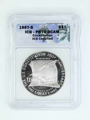 1987 S $1 Constitution Commemorative Silver One Dollar Coin ICG PR70 DCAM - Image 1 of 2