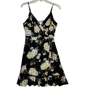 B.O.G Collective Black Faux Wrap Dress Yellow Pink Rose Print Size Small Ruffled - Picture 1 of 8