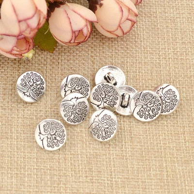 10 Pcs Round Life Tree Carved Shank Buttons Antique Silver Coat Sewing Crafts - Image 1 of 4