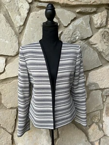 Evan Picone Black Label Jacket 6 Black Beige Striped Metallic Accents Open Front - Picture 1 of 7