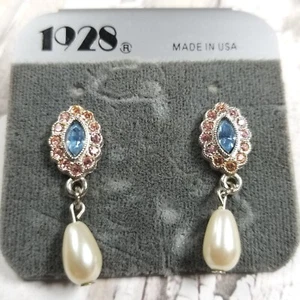 1928 Brand Signed Rhinestone Earrings Post Back Pearl Beaded Dangles silver tone - Picture 1 of 7
