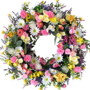 22 Inch Spring Summer Wild Flower Front Door Wreath, Everyday Greenery Leaves fo - Picture 1 of 12