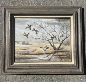 Vintage ONE OF A KIND Original Oil Painting MALLARD DUCKS IN FLIGHT Pond❤️blt7j1 - Picture 1 of 11