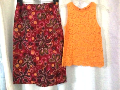 Women's Sz 8 Vintage 70s Top & Skirt top Orange Floral  straight Skirt MOD 2 Pc - Image 1 of 4