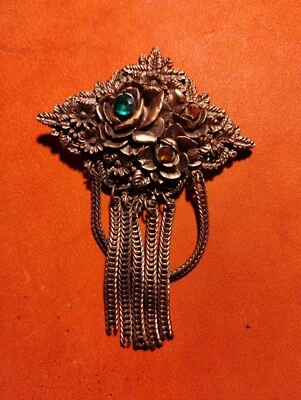 Old flower Green Brown Rhinestone pin Brooch Dangle Tassel Vintage Chain - Image 1 of 4