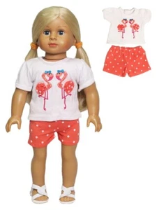 Doll Clothes 18" Shorts Coral White Polka Dot Flamingo Top Fits AG Dolls - Picture 1 of 3