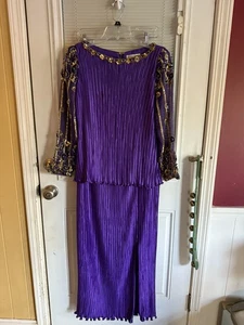 Vintage 80s George F Couture Dress Evening Gown Purple Jewel Sequin Beads Sz 10 - Picture 1 of 9