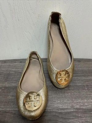Tory Burch Gold Logo Minnie Travel Ballet Flats, Leather Size 8 Metallic Gold - Image 1 of 4