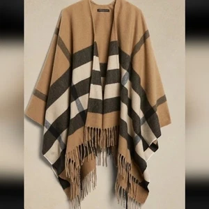 Poncho accogliente a quadri Banana Republic in cammello a quadri grandi quadri nero bianco sporco nuovo con etichette - Foto 1 di 11