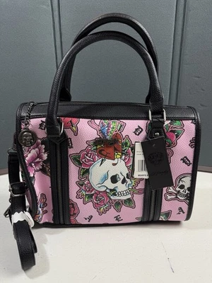 Ed Hardy Tattoo Women’s Skull & Roses Print Pink Satchel Crossbody Shoulder Bag - Image 1 of 4