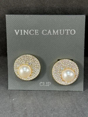 Pendientes de clip VINCE CAMUTO pavé y perla tono dorado Foto 1 de 4