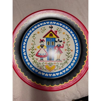 Pennsylvania Dutch Folk Art XL Decorative Round Tin Platter Vintage - Image 1 of 4